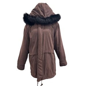 VTG 90s Albert Nipon Brown‎ Parka Coat Fox Fur Hood Medium Retro Heritage Preppy